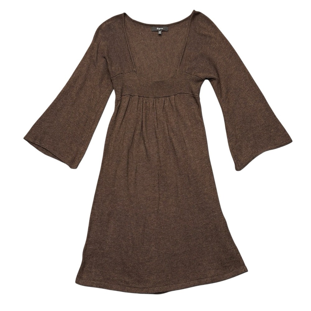 Y2K Express Women's Sweater Dress Babydoll Knit Brown Sz XS Cottage Core Neutral